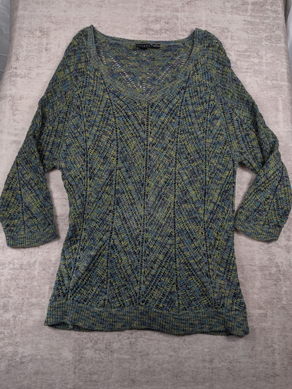 Tribal Open-Knit V-Neck Sweater - Blue & Green